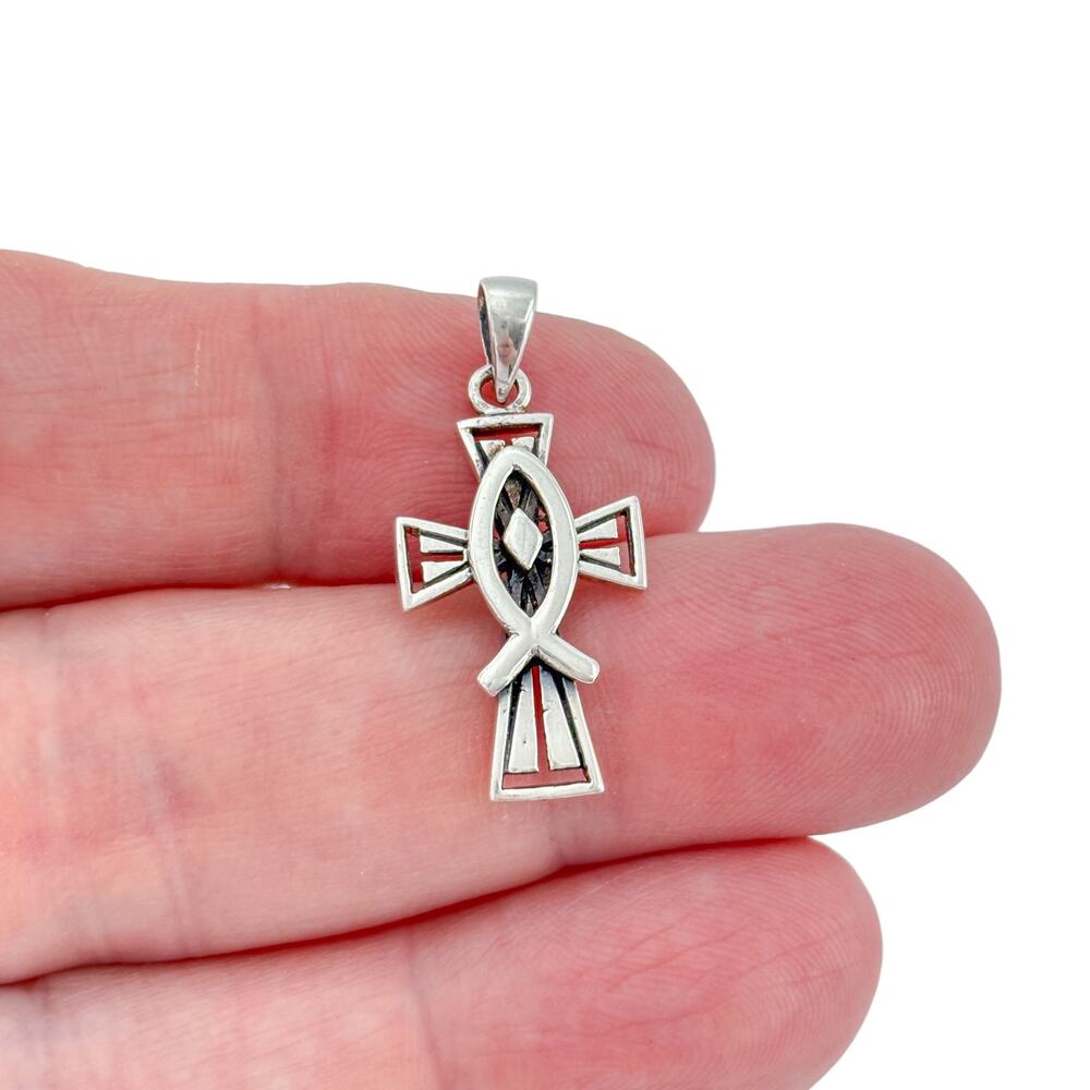 Vintage Sterling Silver 925 Christian Fish Cross Pendant